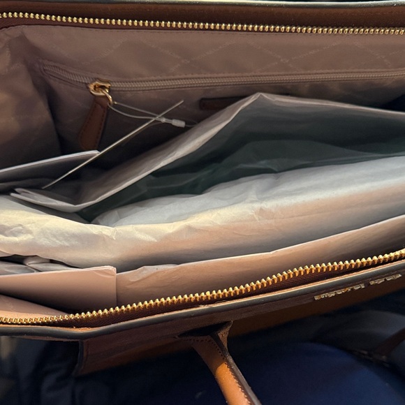 Michael Kors Cognac Leather and Suede Tote with Gold Logo Charm - Picture 2 of 5